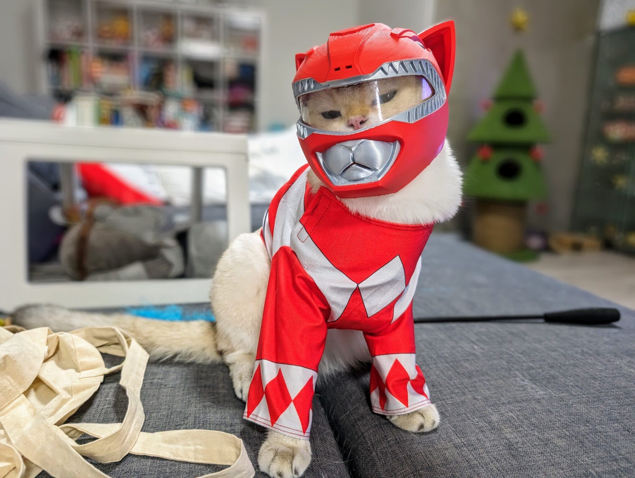 Figure 8: 3D printed Power Ranger Red cat helmet. Visor was Keysplint Hard (clear) printed on the Asiga Max UV using an UltraGLOSS tray. This printer goes HARD.